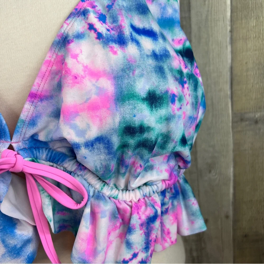 Decree Size 3X Tie Dye Ruffle Hem Tie Front Bikini Padded Top w/Side Wir…